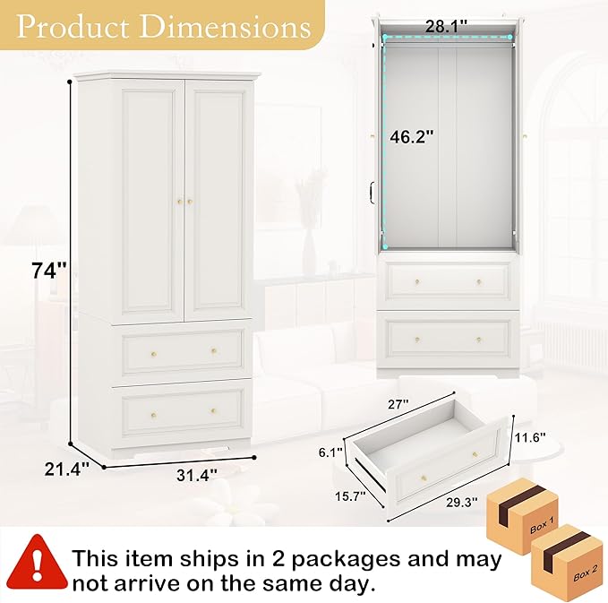 White Wardrobe with 2 Drawers: 74" Wooden Wardrobe Closet for Hanging Clothes, Tall Armoire Closet with 2 Doors, Bedroom Armoires with Hanging Rod (32")