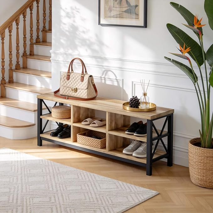 FATORRI Shoe Bench Entryway with Storage, Industrial Wood and Metal Hallway Benches with Adjustable Shelves, Rustic Entry Way Bench for Living Room (47.24 Inch Long, Rustic Oak)