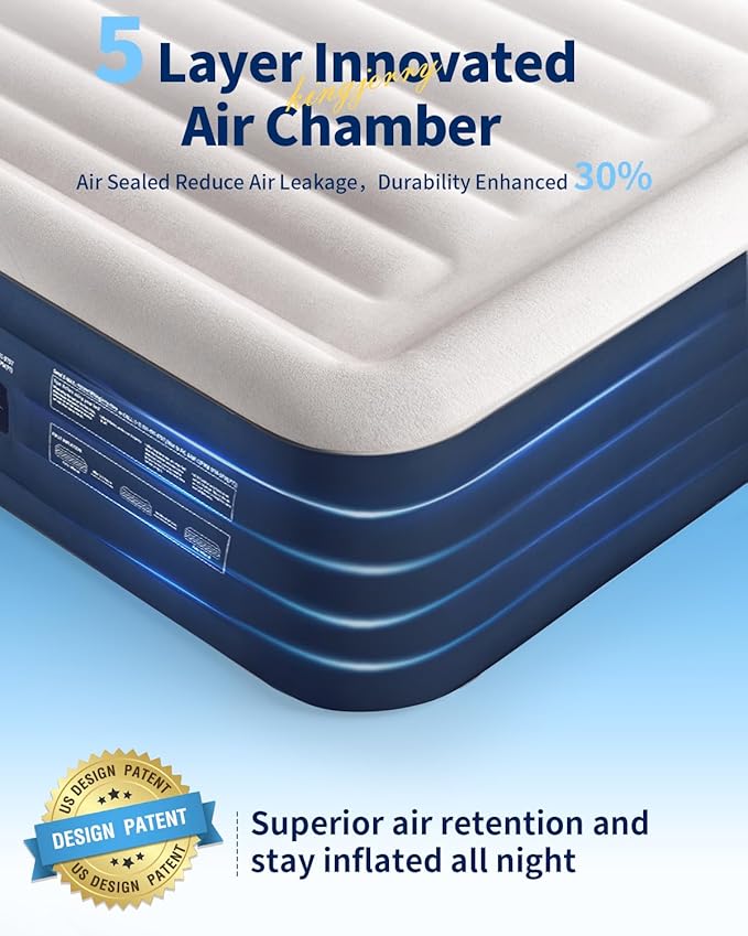 KINGJERRY Twin XL Air Mattress with Built in Pump, Upgraded 5-Layer Air Chamber, 18" Raised Inflatable Mattress, 500 lbs Heavy-Duty Support, 48Hr Leak-Tested Blow Up Bed for Home Guests & Camping