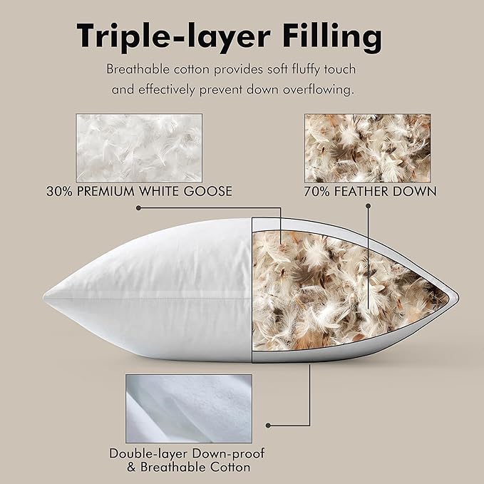 MIULEE 12 x 20 Goose Feather Down Pillows with 100% Cotton Cover, Set of 2 Soft Fluffy Decorative Pillow Inserts for Sofa Bed Couch Living Room White