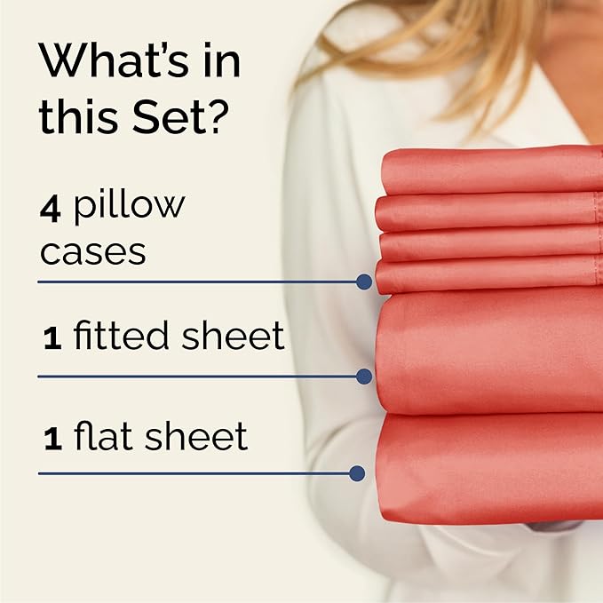 Queen 6 Piece Sheet Set - Comfy, Breathable & Cooling - Hotel Luxury Bedding for Women, Men, Kids, Teens and Children - 1 Flat & 1 Fitted Sheet & 4 Pillowcases w/ Deep Pockets - Wrinkle Free - Coral