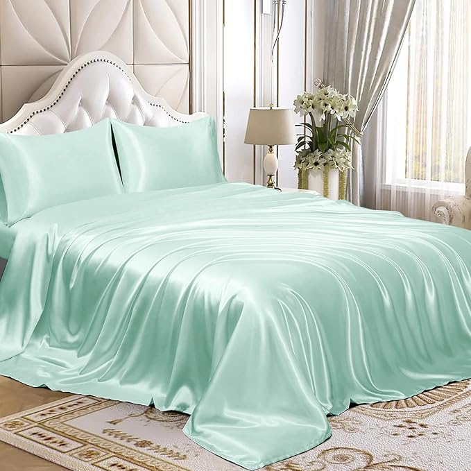 Homiest 4pcs Satin Sheets Set Luxury Silky Satin Bedding Set with Deep Pocket, 1 Fitted Sheet + 1 Flat Sheet + 2 Pillowcases (Queen Size, Mint Green)