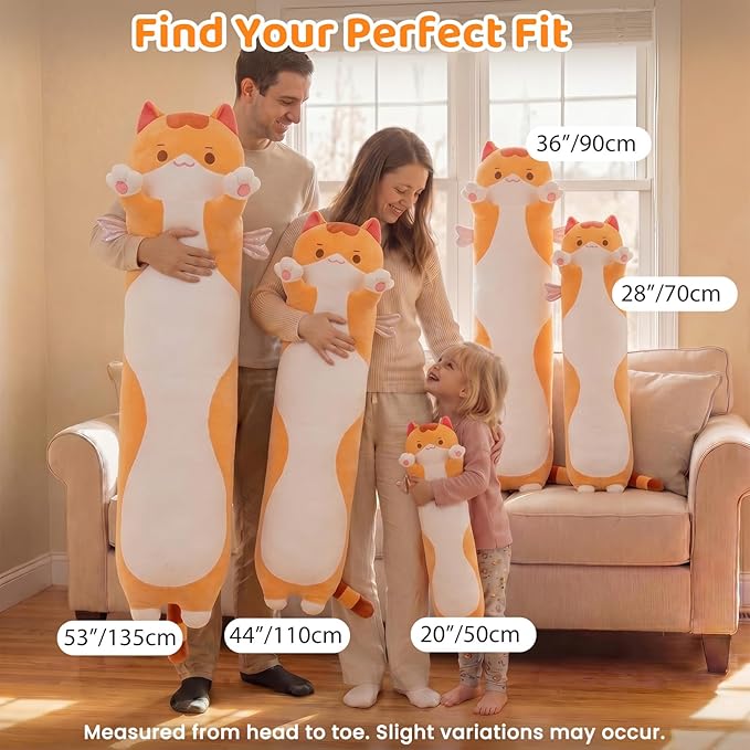 Mewaii Long Cat Plush 5 Sizes, 120% Extra Filling Giant Plushness Kids Body Pillow, Kawaii Cute Brown Cat Stuffed Animals Plushies, Big Long Body Pillow Cat Plush Gift for Girls 20”