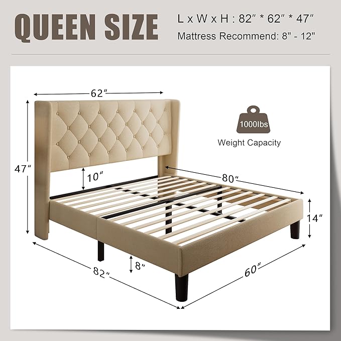 Einhomn Queen Size Platform Bed Frame with Fabric Upholstered Wingback Headboard, 11" Under Bed Space, Wooden & Metal Slats Support, No Box Spring Needed, Beige