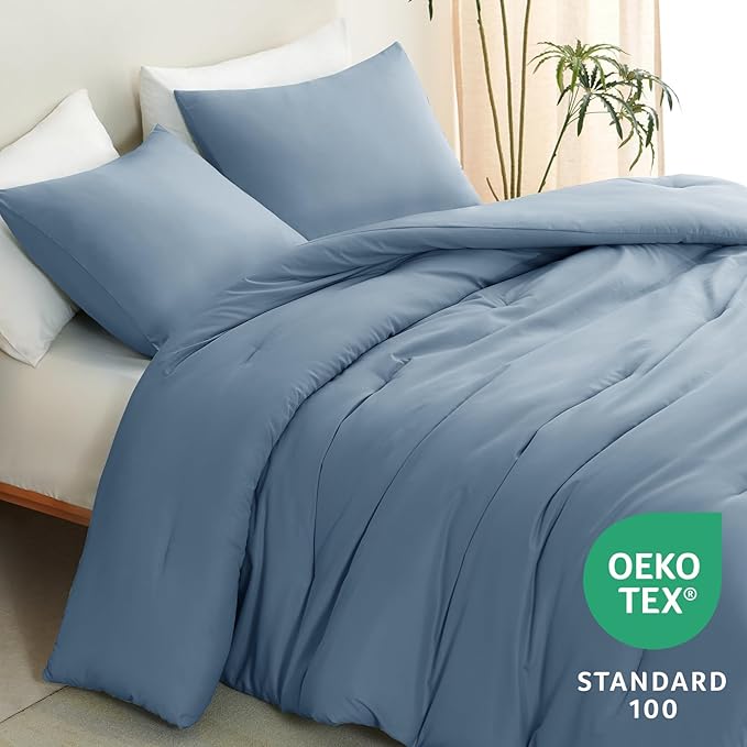 CozyLux Grayish Blue King Size Comforter Set, 3 Pieces Dusty Blue Solid Breathable Quilted Bedding Sets, Luxury Soft Bed Set with Down Alternative Comforter All Season (1 Comforter & 2 Pillowcases)