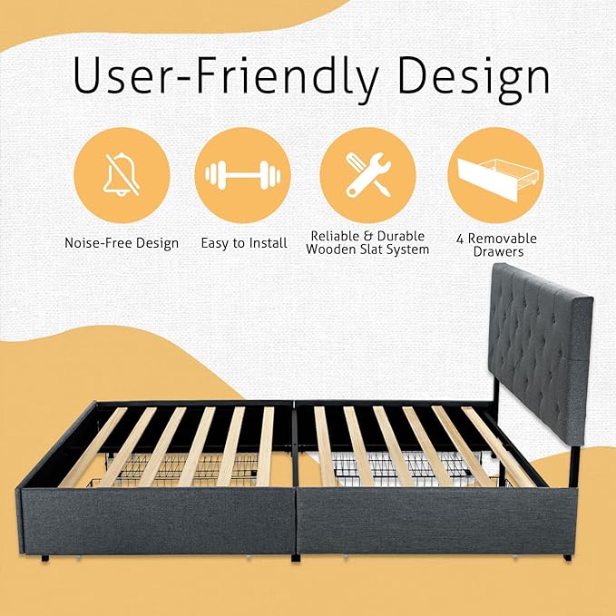 SHA CERLIN Upholstered King Size Platform Bed Frame with 4 Storage Drawers, Adjustable Headboard with Diamond Stitched Button Tufted Design, Wooden Slat Support, No Box Spring Needed, Dark Grey
