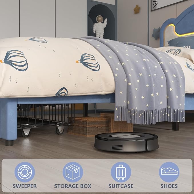 Garvee Twin Size Upholstered Bed Frame with LED Lights & Storage Drawers, Fabric Headboard & Wood Slats, No Box Spring Needed, Princess Bed for Girls (Blue White)