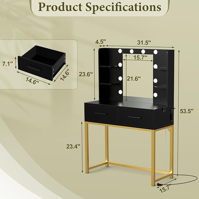 YESHOMY Vanity Desk with Mirror, Makeup Table with 2 Large Drawers, Power Outlet and Round Holder, 3 Color Modes Adjustable Bulb, Black & Gold Frame