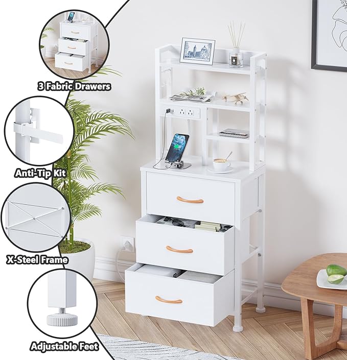 Furnulem Tall Nightstand with LED Lights and 3 Tier Shelves, Night Stand with 3 Fabric Drawers, 45.3inch Tall Bedside Tables with USB Ports and Outlets in Bedroom, Dorm, Office (White)