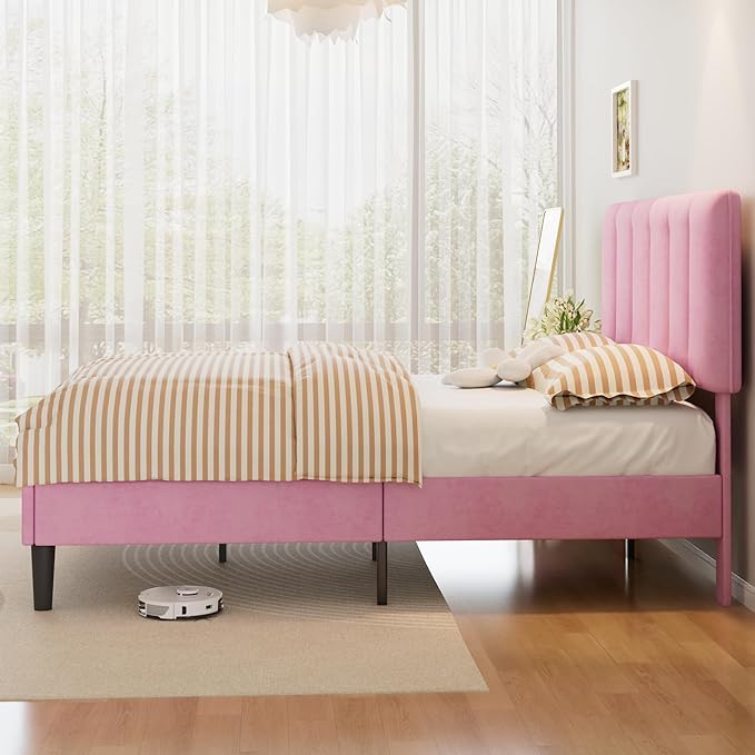 VECELO Full Bed Frame with Upholstered Headboard, Heavy-Duty Platform Bedframe with Strong Wooden Slats Support, No Boxing Spring Needed, Pink