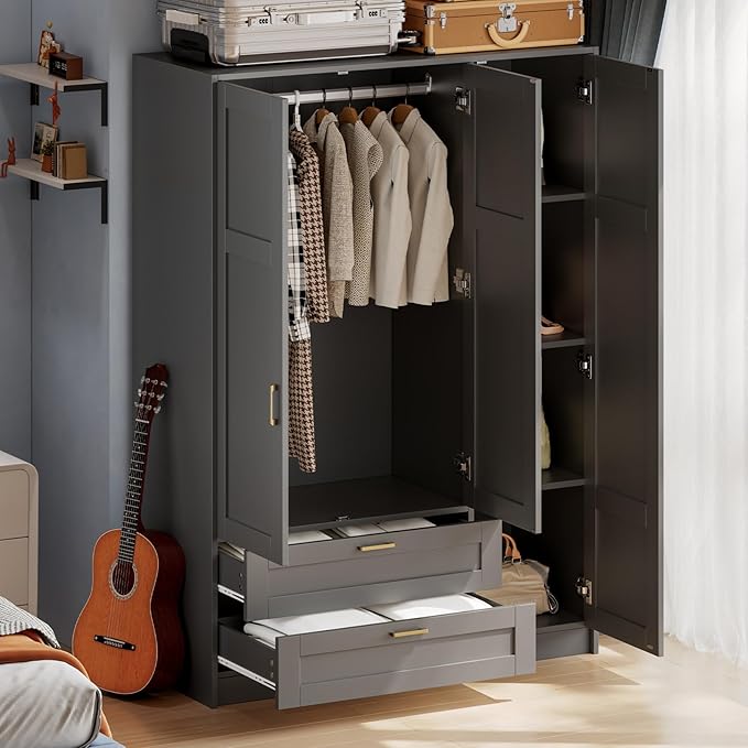 66" 3 Doors Wooden Wardrobe Closet Armoire with 2 Drawers & 3 Shelves, Wooden Wardrobe Closet with Hanging Rod, Bedroom Large Capacity Freestanding Armoire for Bedroom,Cloak Room,Entrance Hall, Black