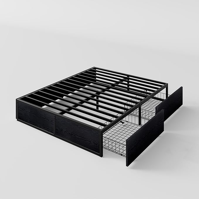 SHA CERLIN Full Platform Bed Frame with 2 Large Storage Drawers - Heavy Duty Metal & Rustic Wood, Noise-Free, No Box Spring Needed, Black