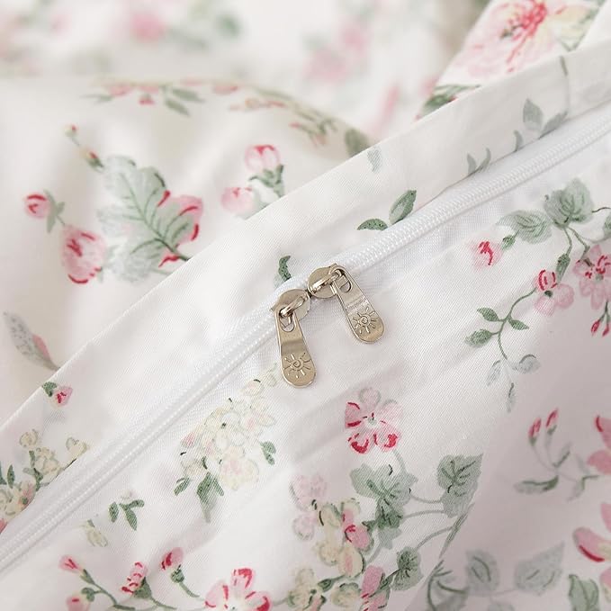 VM VOUGEMARKET Queen Duvet Cover Set Pink Floral Bedding Set on White 100% Cotton Reversible Vintage Comforter Cover with Zipper&Ties