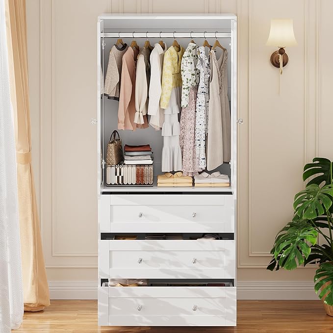 VOWNER Armoire Wardrobe Closet with Drawers and Mirror, 71" Clothing Storage Cabinet with Hanging Rod, 2 Doors Wooden Wardrobe Cabinet for Bedroom, Large Capacity Storage