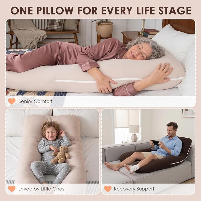 QUEEN ROSE U Shaped Pregnancy Pillow, Breathable Cotton Full Body Support for Maternity, Ivory