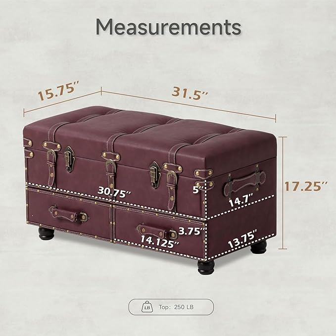 COZAYH Set of 2 Vintage Mid-Century Storage Ottoman Bench - Upholstered Padded Chest for Entryway, Bedroom, Living Room - Dark Magenta