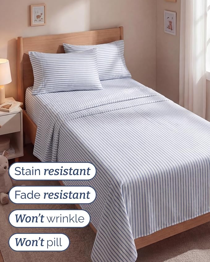 Twin 4 Piece Sheet Set - Comfy, Breathable & Cooling - Soft Hotel Luxury Bedding for Women, Men, Kids, Teens and Children - 1 Flat & 1 Fitted Sheet & 2 Pillowcases with Deep Pockets - Blue Stripes 2
