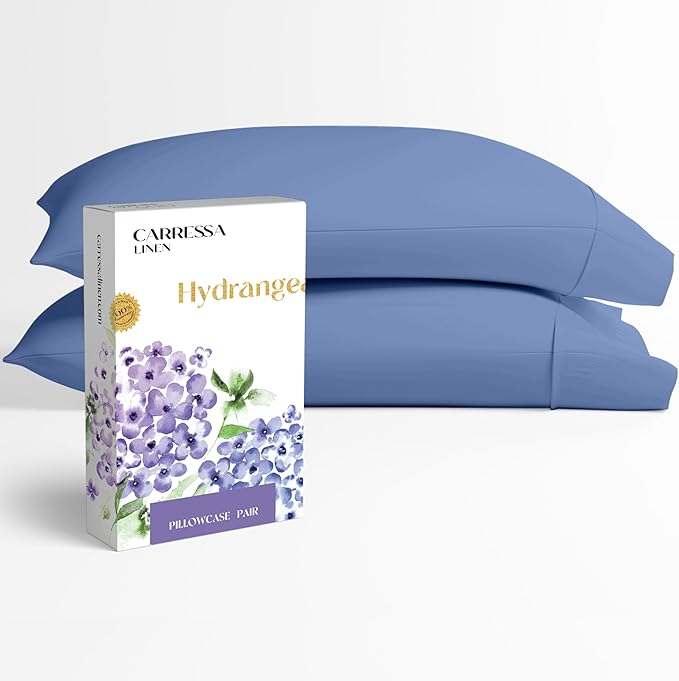 Carressa Linen 100% Egyptian Cotton King Size Pillow Cases Set of 2 - Luxury 600 Series Hydrangeas Collection King Pillowcases (Deep Blue), Soft Cooling, Sateen Weave Hotel Quality Bed Pillow Cover