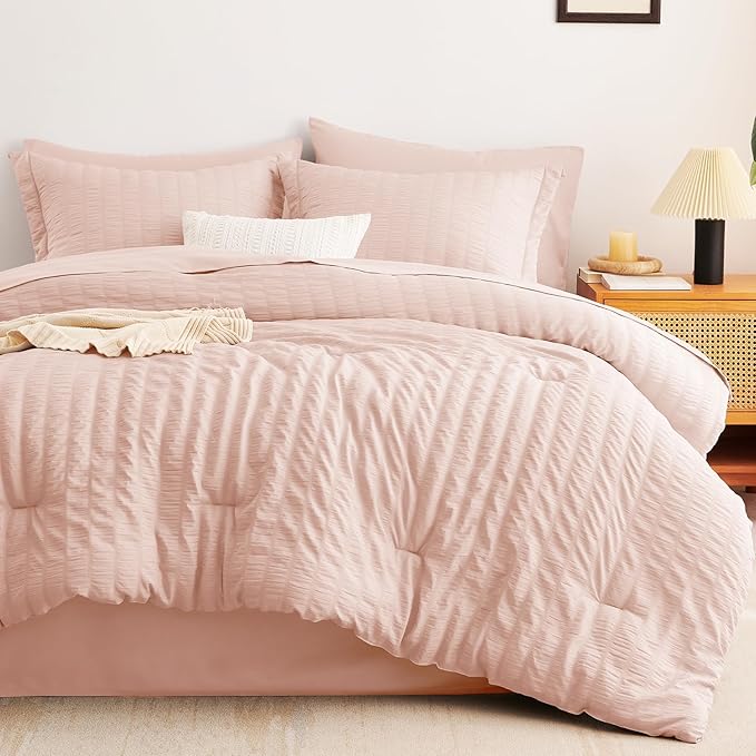 CozyLux Twin XL Comforter Set with Sheets Seersucker Blush Pink 5 Pieces Bed in a Bag, Twin Extra Long Luxury Bedding Sets for College Dorm with Down Alternative Comforter, Sheets, Pillowcase & Sham