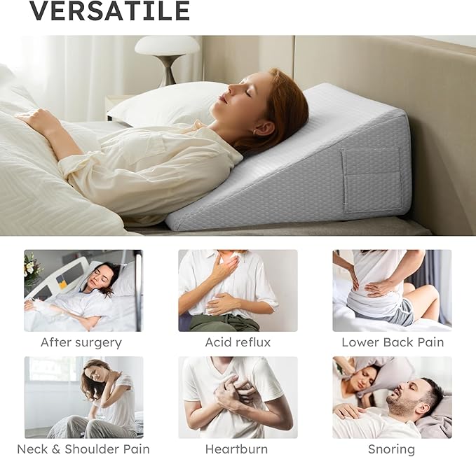 Bedluxe Wedge Pillow, 12 inch Bed Wedge Pillow for Headboard, Pillow Wedge for Acid Reflux Relief, Sleeping, After Surgery, Snoring, Gerd, Triangle Pillow Wedge - Cooling Memory Foam Top, Light Grey