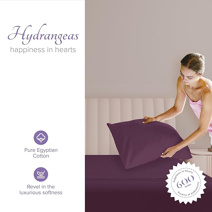 Carressa Linen 100% Egyptian Cotton Pillow Cases Queen Size Set of 2 - Luxury 600 Series Hydrangeas Collection Queen Size Pillowcases (Plum), Cooling Sateen Weave Hotel Quality Bed Pillow Cover