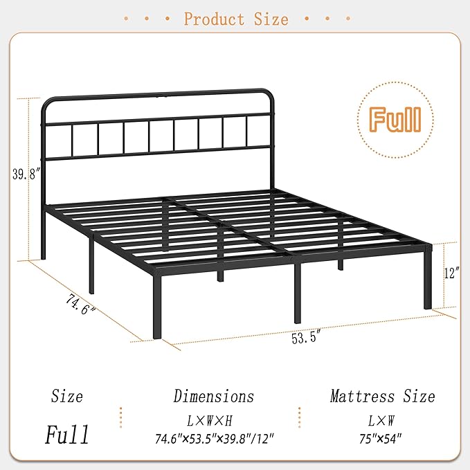 Kujielan 12 inches Full Size Bed Frame with Minimalist headboard,Metal Platform Base with Strong Metal Slats,Mattress Foundation for Under Bed Storage,Easy Assembly,Black