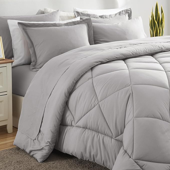 CozyLux Full Size Comforter Sets French Grey - 7 Pieces Bed in a Bag Full, Luxury Soft Bed Set for All Seasons, Bedding Set with Down Alternative Comforter, Sheets, Pillowcases & Shams