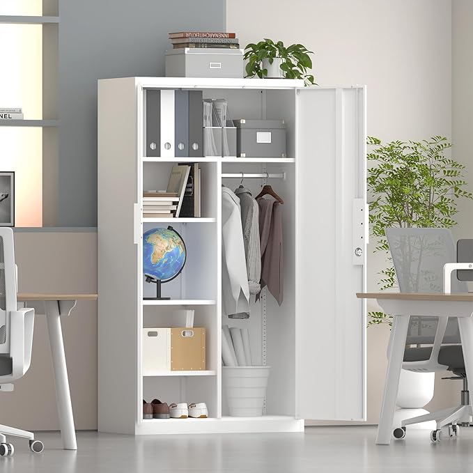 IRONFFICE Metal Wardrobe Closet,Lockable Clothing Storage Cabinet with Adjustable Shelves,Armoire Wardrobe Closet,Steel Wardrobe Armoire for Bedroom,Home,White