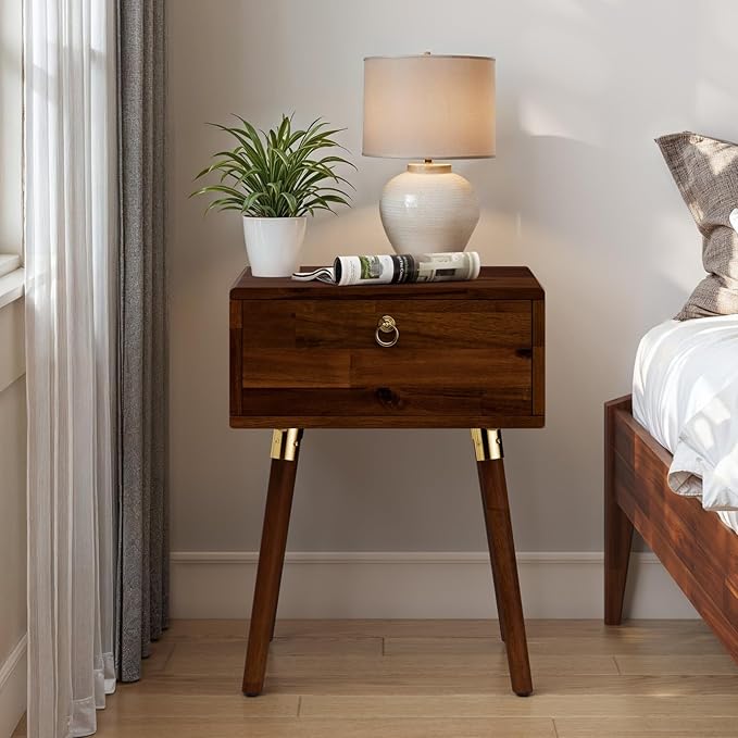 Bme Alden Solid Wood Nightstand/Side Table/End Table, Fully Assembled, with 1-Drawer for Mid Century Bedroom and Living Room, (12mm), Dark Chocolate