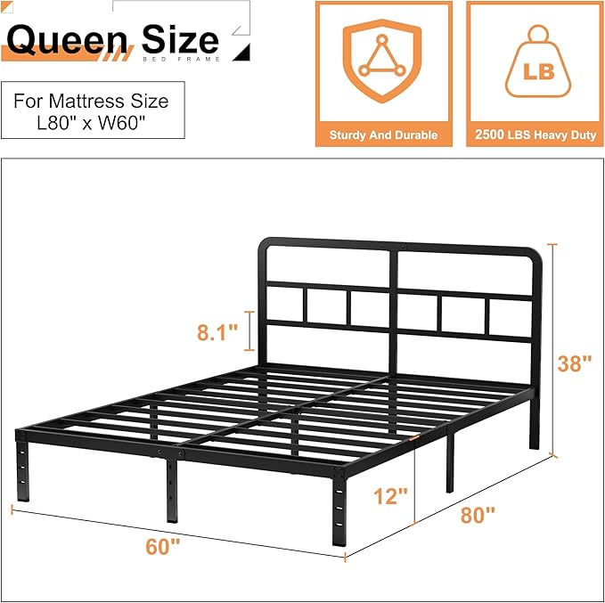 Husleephu Queen Bed Frame with Headboard, 12 Inch Queen Size Bed Frame with Heavy Duty Metal Slats, No Box Spring Needed, Noise Free, Easy Assemble, Black