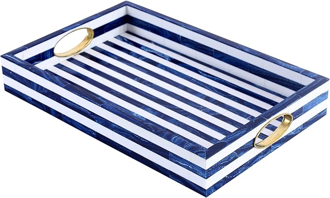 Handicrafts Home Blue White Striped Decorative Tray, Optique Madrid Collection, Rectangular Serving Tray with Handles, Modern Coffee Table Ottoman Tray, Resin Brass Inlay Handmade Hostess Tray 17x11