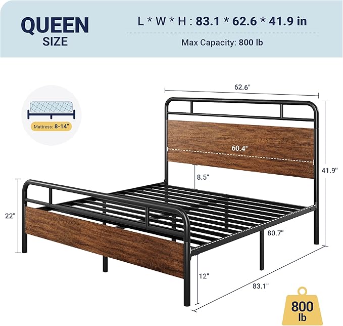 Allewie Queen Size Platform Bed Frame with Wooden Headboard and Footboard, Heavy Duty 13 Metal Slats Support, Under-Bed Storage, No Box Spring Needed, Noise Free, Easy Assembly, Walnut