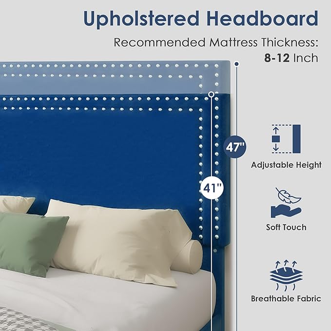 VECELO Queen Size Platform Bed Frame with Height Adjustable Upholstered Headboard, Modern Mattress Foundation,Strong Wood Slat Support, No Box Spring Needed, Easy Assembly,Dark Blue