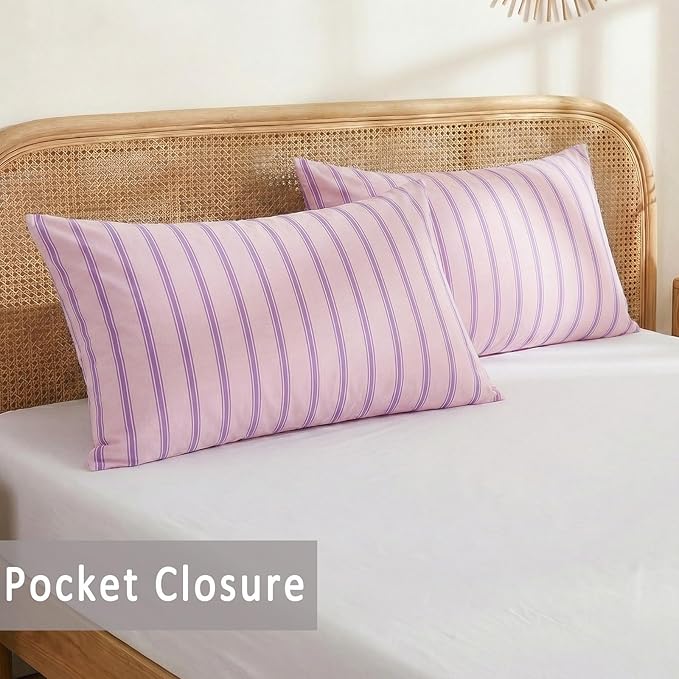 Merryword 100% Cotton Pillow Cases, Standard Size Pillowcases, Pink & Purple Striped Pillowcases, Luxury Linen Like Pillowcase, Soft Breathable Engineered Stripes Pillow Covers, Set of 2