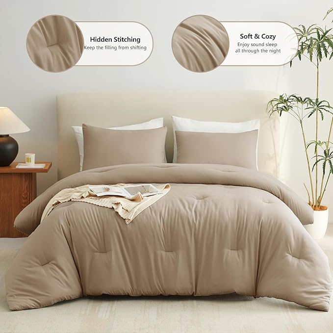 CozyLux Full Size Comforter Set Taupe, 3 Pieces Solid Breathable Quilted Bedding Sets, Luxury Lightweight Soft Bed Set with Down Alternative Comforter and 2 Pillowcases for All Seasons