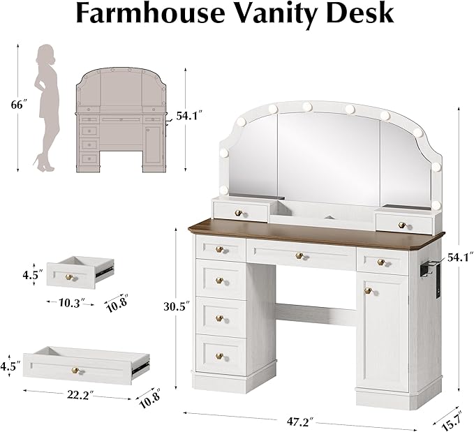 Farmhouse Makeup Vanity Desk with Mirror and Lights, 47'' Vanity Table with 8 Storage Drawers 1 Cabinet & 2 Organizer Trays, Large Dressing Table with Charging for Bedroom Rustic White