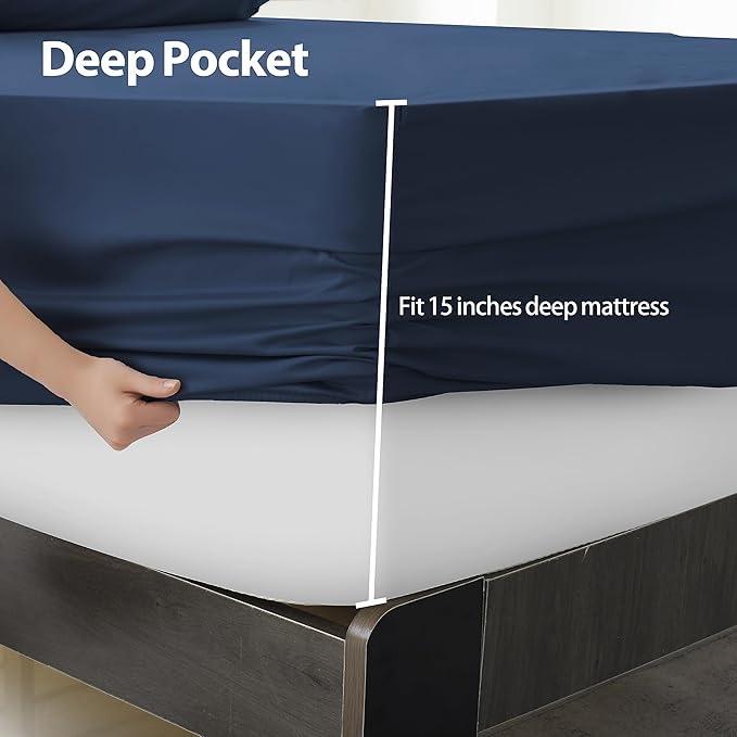 2-Pack Pure Cotton Fitted Sheet Queen Size, 600 Thread Count 16" Deep Pocket Egyptian Cotton Fitted Sheet (2pcs, Queen, Navy Blue)