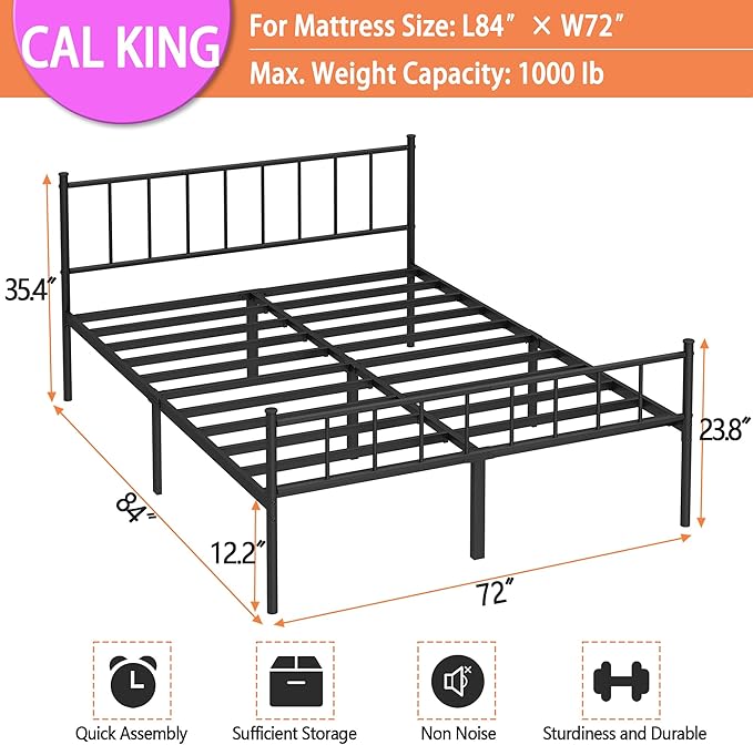 DIIYIV California King Bed Frame-Classic Metal Platform Bed Frame,Mattress Foundation with Steel Slat Support,Under Foundation Storage,No Box Spring Needed, Easy Assembly,California King Size