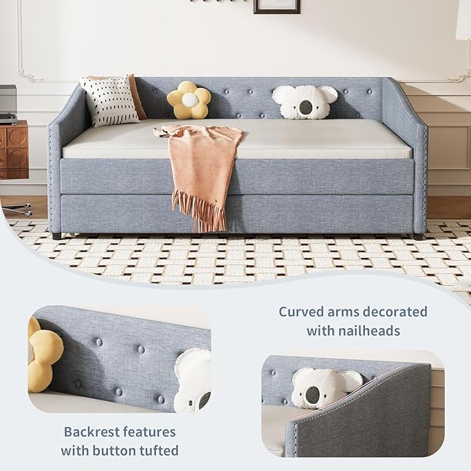 Upholstered Daybed with Trundle, Full Size Day Bed w/Button-Tufted Back and Piping on Waved-Shape Arms for Bedroom or Guest Room, No Box Spring Required, Light Gray