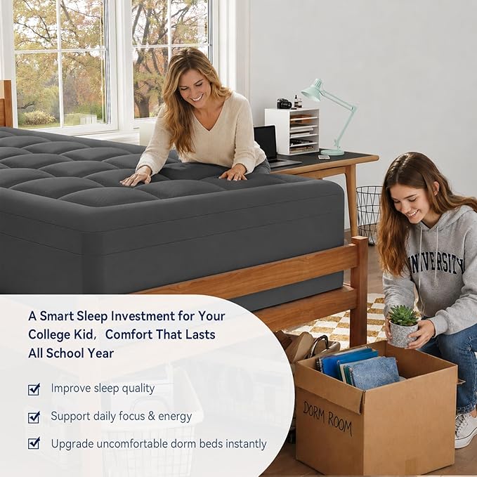 ELEMUSE Dual Layer 3 Inch Memory Foam Mattress Topper Twin XL, Dorm Room 2 Inch Cooling Gel Memory Foam Plus 1 Inch Down Alternative Pillowtop Mattress Pad, College Essential, Comfort Support, Grey