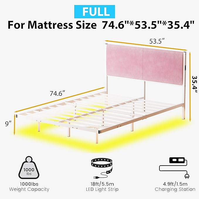 Full Size Floating Bed Frame with LED Lights & USB Charging Station,Metal Bed Frame Full Size with Upholstered Headboard,Platform Mattress Foundation,No Box Spring Needed,Easy Assembly,Pink