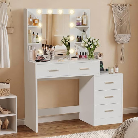 Furmax Makeup Vanity Desk with Mirror and Power Outlet, Vanity with 3 Color Light Options Adjustable Brightness, Vanity Table with 5 Drawers, 6 Storage Shelves, Nightstands (White)