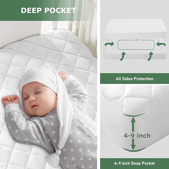 GRT 1 Pack Waterproof Crib Mattress Protector Rayon,Quilted Baby Mattress Cover Fitted Deep Pocket from 4" up to 9", Extra Breathable & Noiseless Toddler Mattress Pad 52"x28", White
