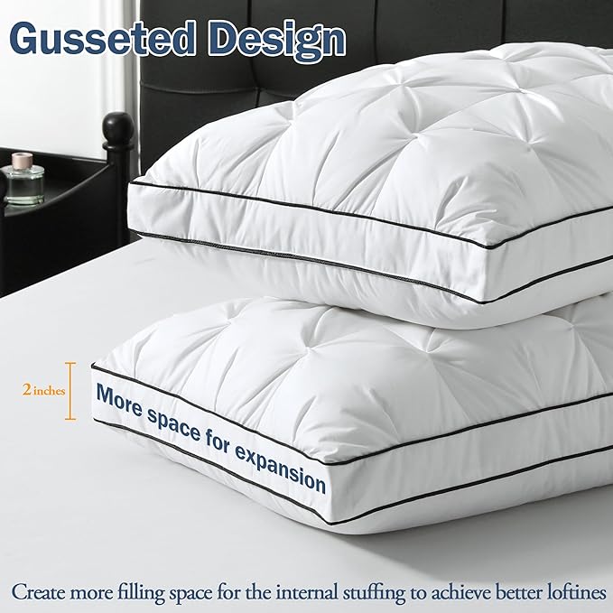 BPC Luxury Goose Feather Down Pillows Queen Size, Gusseted Hotel Bed Pillows for Sleeping, 100% Organic Cotton Cover, Surround Polyester Fill, Soft Fluffy for Sleepers (18"x28" + 2" Gusset, Pack of 2)
