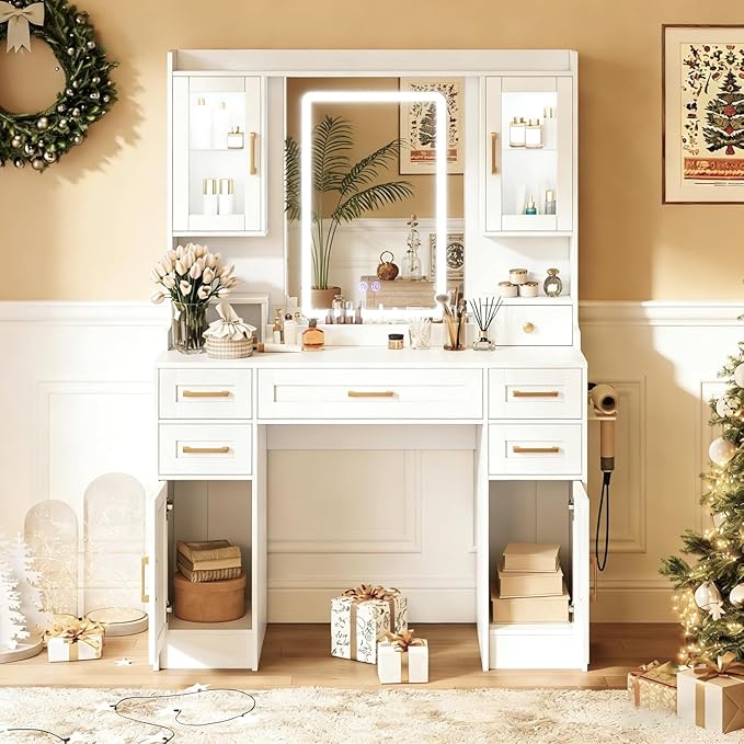 Vanity Desk with Mirror and LED Lights, Makeup Table with 2 Glass Cabinets and 2 Large Drawers, 3 Lighting Color Adjustable, Girls Dressing for Bedroom