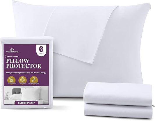 CirclesHome Pillow Protectors 6 Pack Queen Zippered - 100% Cotton Breathable Pillowcases - Protects Pillows from Dirt, Dust and Debris (Queen- Set of 6 - 20x30)