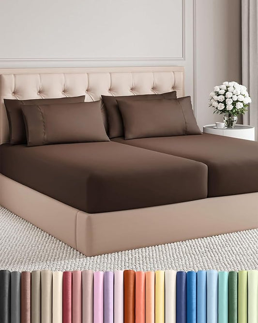 Split King 7 Piece Sheet Set - Comfy Breathable & Cooling - Hotel Luxury Bedding for Women, Men, Kids, Teens & Children - 1 Flat & 2 Fitted Sheets & 4 Pillowcases w/ Deep Pockets, Wrinkle Free - Brown