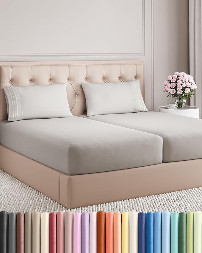 Split King Size 5 Piece Sheet Set - Comfy Breathable & Cooling Sheets - Hotel Luxury Bed Sheets for Women & Men - Deep Pockets, Easy-Fit, Soft & Wrinkle Free Sheets - French Grey Oeko-Tex Bed Sheets