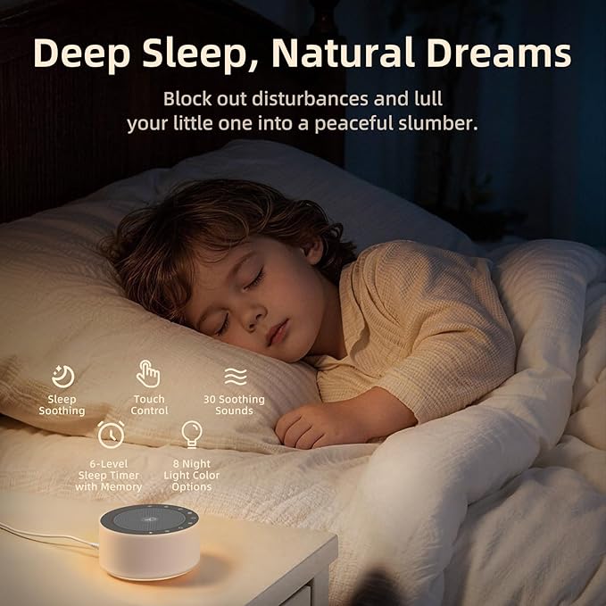 Kipcush White Noise Machine - Soft Non-Glare Nursery Lamp, 30 Soothing Sounds, 8 Color Lights, Max 8-Hour Timer for Baby & Adults (White, Standard)