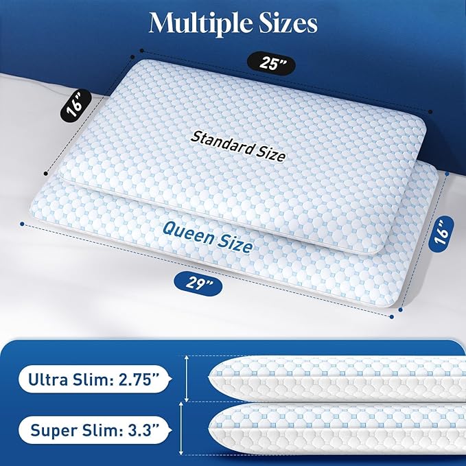 CloudBliss Ultra Slim 3.3” Pillows for Side | Back | Stomach Sleepers, Memory Foam Flat Pillow, Low Profile Sleeper Pillows with Double Sided Comfortable Breathable Pillow Cover, Queen